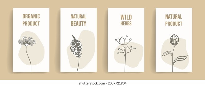 Trendy vector template in pastel colors suitable for covers, cosmetics, social media posts, stories, banners. Simple design with wildflowers and copy space for text