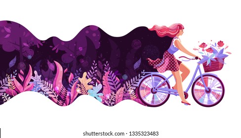 Trendy vector textured flat design with woman or young girl riding bicycles with basket full of flowers on wavy nature floral background with plants, trees and branches. Stylish violet illustration