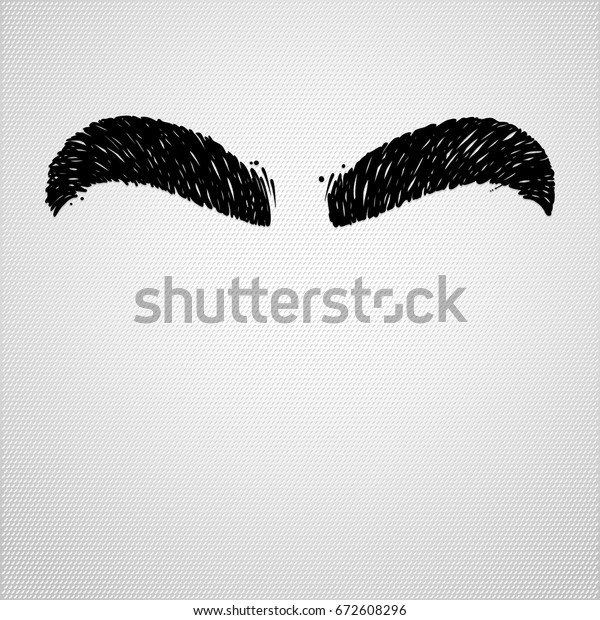 Trendy vector thick eyebrows without plucking.\
Twin strips of hair drawn by dense ink lines, strokes. Each bushy\
eyebrow is not mirrored. Masculine facial detail on a vintage\
embossed paper\
background