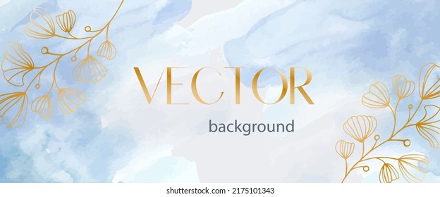Trendy vector watercolor background in sky blue color with gold flowers.