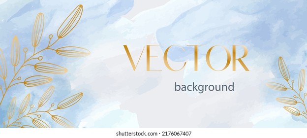 Trendy vector watercolor background in sky blue color with gold flowers.