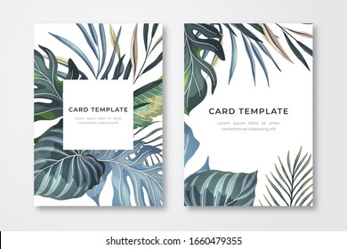 Trendy vector wedding invitation, card template with tropical exotic leaves. Wedding floral set. Vector card, banner.