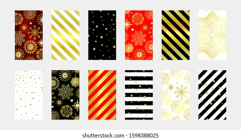 Trendy vector Winter vibe templates for posts and social networks stories. Set of Christmas backgrounds for social media. Gold snowflakes, stripes, glitter. New Year stock illustrations for phones 