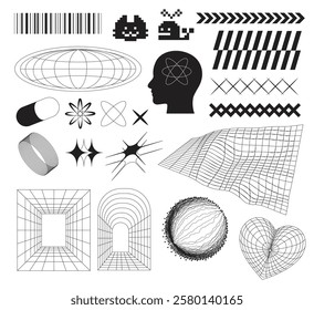 Trendy vector wireframe Y2K shapes set. Minimal abstract geometric elements for retro futuristic background, design template, poster, stickers, banner in Y2k style.
