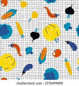 Trendy Vegetable Pattern on checkered background. Colorful seamless vector pattern in hand-drawn cartoon scandinavian style. Ideal for printing onto fabric, textile, packaging.