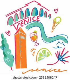 Trendy Venice hand drawn doodles, vector illustrations featuring the iconic Rialto Bridge and Saint Mark's Basilica. Perfect for tote bags, t-shirts, wall art.