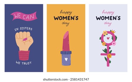 Trendy vertical banner set for International Women s Day with colourful feminism badges clipart. Holiday banner for social media with female fist, lipstick, gender symbol and inspirational lettering.