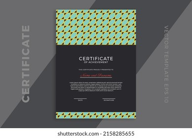 Trendy vertical certificate of appreciation dark template with geometric pattern. Modern business diploma mockup for graduation or course completion. Vector background EPS 10