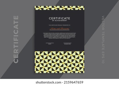 Trendy vertical certificate of appreciation dark template with geometric pattern. Modern business diploma mockup for graduation or course completion. Vector background EPS 10