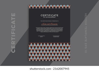 Trendy vertical certificate of appreciation dark template with geometric pattern. Modern business diploma mockup for graduation or course completion. Vector background EPS 10