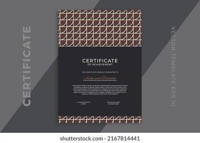 Trendy vertical certificate of appreciation dark template with geometric pattern. Modern business diploma mockup for graduation or course completion. Vector background EPS 10