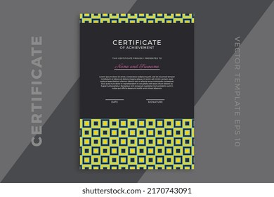 Trendy vertical certificate of appreciation dark template with geometric pattern. Modern business diploma mockup for graduation or course completion. Vector background EPS 10