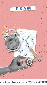 Trendy vertical collage in pop art style. Pass the exam. Hand with target and arrow near exam paper, alarm clock and pencil on pink background. Negative space for inserting text or announcements.