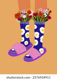 Trendy vertical illustration of legs in colorful socks with fried egg yolk patterns and flowers inside. Set on a sandy background with rays, perfect for postcards, Valentine's Day, or creative designs