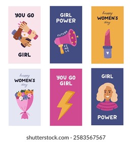 Trendy vertical stories set for International Women s Day with sisterhood clipart. Holiday minimalistic banner for social media with lightning bolt, sign of solidarity and woman support, lipstick.