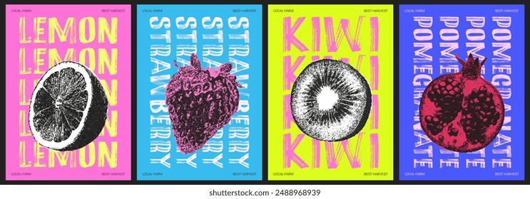 Trendy vibrant fruit posters. Grunge grain texture. Posters for fruit market, farm store, and more.