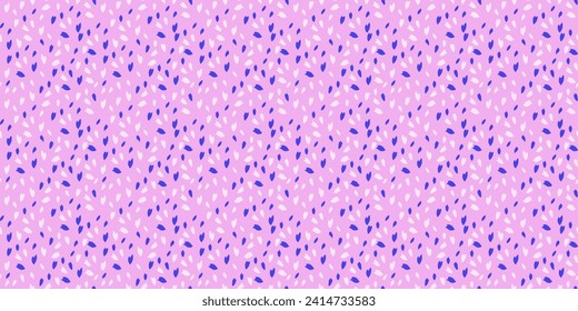Pilos de polka vibrantes, caídas, manchas sin costura. Sencillos copos de nieve azul creativo, círculos, folletos, puntos aleatorios, en un fondo rosado. Esbozo dibujado a mano vectorial diminuta forma de impresión textura. 