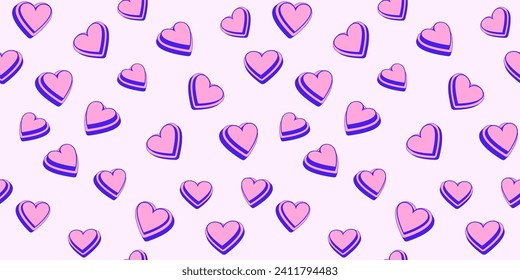 Trendy vibrant seamless pattern with cute 3d hearts. Colorful Valentine, love, wedding  light background. Vector hand drawn creative silhouettes shape heart. Design for textile, fashion, surface desig