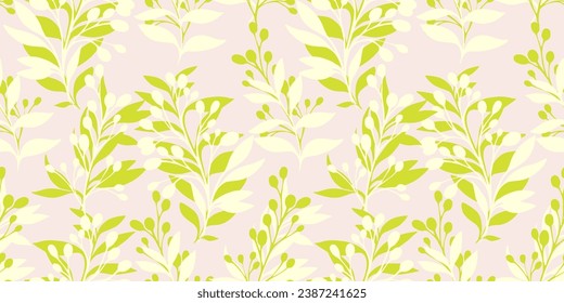 Trendy vibrant seamless pattern with green leaves and branches on a light background. Vector hand drawn sketch leaf stem shape silhouettes. Template for textile, fashion, print, surface design