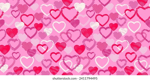 Trendy vibrant seamless pattern with lines hearts. Pink background with textured heart silhouettes outline. Valentine, love, wedding  background. Vector hand drawn silhouettes shape. 