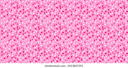 Trendy vibrant seamless pattern with polka dot, random dots, spots, drops on a pink background. Vector hand drawn sketch shape. Simple creative texture tiny, snowflakes, circles, leaflets printing. 