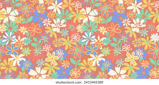 Flores de forma simple y vibrante a la moda, patrón sin fisuras. Esbozo dibujado a mano por vectores. Resumen de la impresión floral de verano o primavera de libertad. Diseño para niños, moda, textil, tela, papel pintado