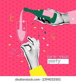 Trendy vintage 2024 New Year banner design in mixed media collage style. Hands holding glass and bottle of champagne. Holiday party concept. Vector illustration for poster or greeting card