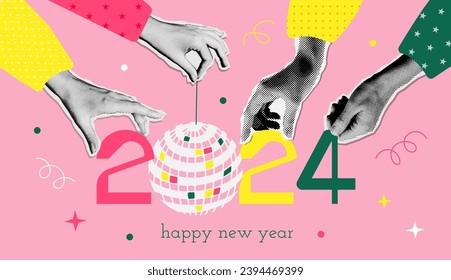 Trendy vintage 2024 New Year banner design in halftone 90s zine collage style. Hands holding numbers with mirror ball. Holiday party concept. Vector illustration for poster, banner or greeting card