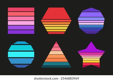 Trendy vintage art collection of retro sunset. Different geometric shapes with striped design and bright colors. T-shirt or summer poster elements 