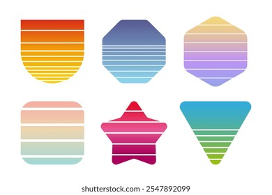 Trendy vintage art collection of retro sunset. Different geometric shapes with striped design and bright colors. T-shirt or summer poster elements 