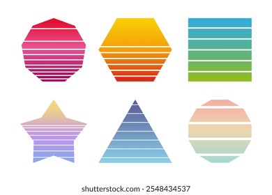 Trendy vintage art collection of retro sunset. Different geometric shapes with striped design and bright colors. T-shirt or summer poster elements 