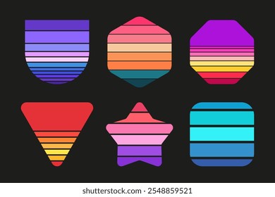 Trendy vintage art collection of retro sunset. Different geometric shapes with striped design and bright colors. T-shirt or summer poster elements 