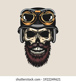 Trendy vintage badge with bearded skull in helmet vector illustration. Colorful skull, helmet and googles. Bikers club and freedom concept for tattoo, stamp, print template