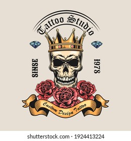 Trendy vintage badge with king skull and roses vector illustration. Colorful skull in crown, diamonds and rose flowers. Tattoo studio and custom design concept for tattoo, stamp, print template