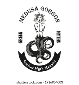 Trendy vintage badge with Medusa Gorgon vector illustration. Monochrome dread woman with snakes for hair. Ancient Greece mythology concept for tattoo, stamp, print template