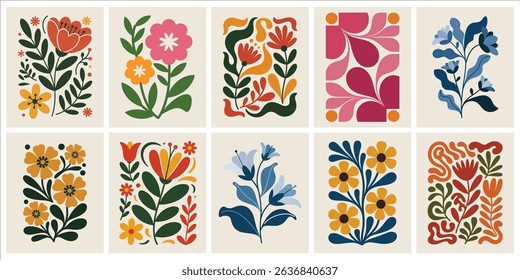 Trendy Vintage Botanical Wall Art Prints featuring Abstract Flowers, Organic Leaves, and Modern Shapes, Perfect for Contemporary Home Decor and Aesthetic Living Spaces.