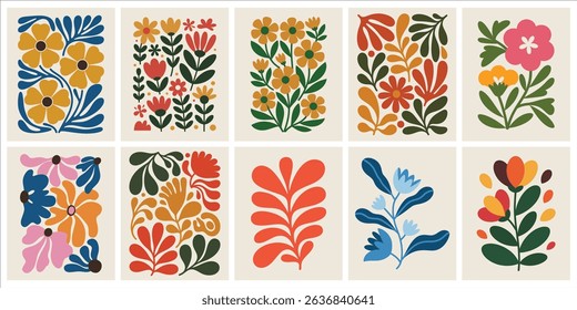 Trendy Vintage Botanical Wall Art Prints featuring Abstract Flowers, Organic Leaves, and Modern Shapes, Perfect for Contemporary Home Decor and Aesthetic Living Spaces.