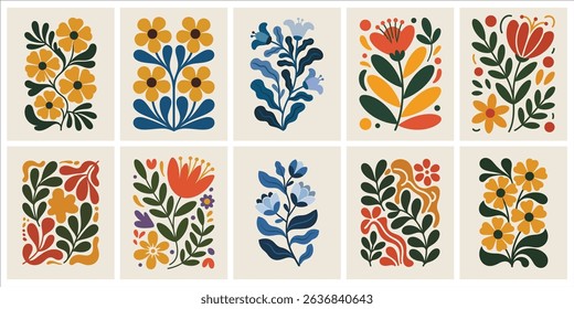 Trendy Vintage Botanical Wall Art Prints featuring Abstract Flowers, Organic Leaves, and Modern Shapes, Perfect for Contemporary Home Decor and Aesthetic Living Spaces.