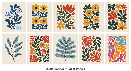 Trendy Vintage Botanical Wall Art Prints featuring Abstract Flowers, Organic Leaves, and Modern Shapes, Perfect for Contemporary Home Decor and Aesthetic Living Spaces.