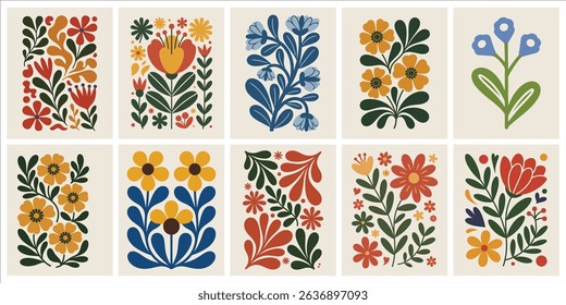 Trendy Vintage Botanical Wall Art Prints featuring Abstract Flowers, Organic Leaves, and Modern Shapes, Perfect for Contemporary Home Decor and Aesthetic Living Spaces.