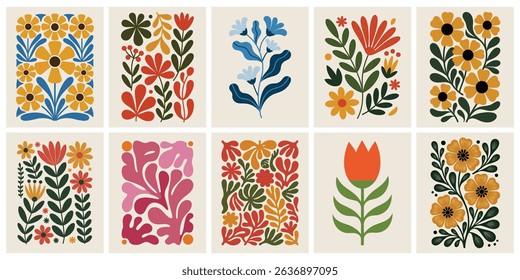 Trendy Vintage Botanical Wall Art Prints featuring Abstract Flowers, Organic Leaves, and Modern Shapes, Perfect for Contemporary Home Decor and Aesthetic Living Spaces.