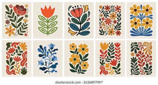 Trendy Vintage Botanical Wall Art Prints featuring Abstract Flowers, Organic Leaves, and Modern Shapes, Perfect for Contemporary Home Decor and Aesthetic Living Spaces.