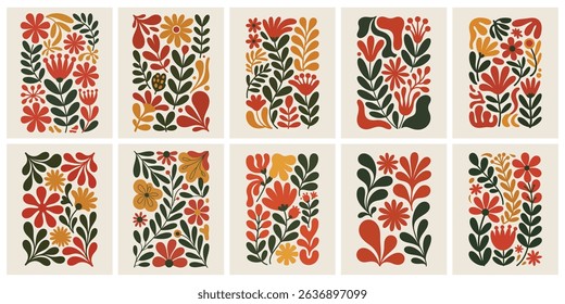 Trendy Vintage Botanical Wall Art Prints featuring Abstract Flowers, Organic Leaves, and Modern Shapes, Perfect for Contemporary Home Decor and Aesthetic Living Spaces.