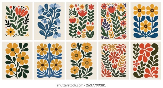 Trendy Vintage Botanical Wall Art Prints featuring Abstract Flowers, Organic Leaves, and Modern Shapes, Perfect for Contemporary Home Decor and Aesthetic Living Spaces.	