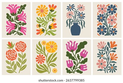 Trendy Vintage Botanical Wall Art Prints featuring Abstract Flowers, Organic Leaves, and Modern Shapes, Perfect for Contemporary Home Decor and Aesthetic Living Spaces.	