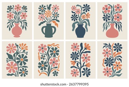 Trendy Vintage Botanical Wall Art Prints featuring Abstract Flowers, Organic Leaves, and Modern Shapes, Perfect for Contemporary Home Decor and Aesthetic Living Spaces.	