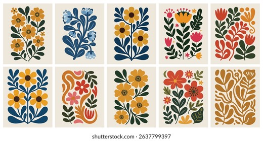 Trendy Vintage Botanical Wall Art Prints featuring Abstract Flowers, Organic Leaves, and Modern Shapes, Perfect for Contemporary Home Decor and Aesthetic Living Spaces.	