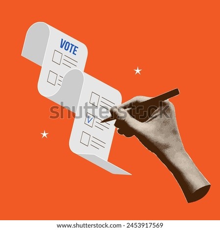 Trendy vintage Collage for 2024 election. Vector banner with halftone hand ticks voting form. Collage for US Election 2024 campaign.