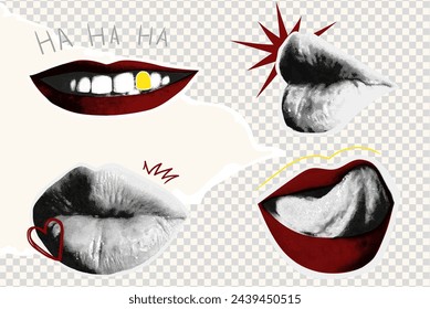 Trendy vintage collage concept Halftone female mouth set. Retro newspaper and torn paper. Elements for banners, posters, social networks.