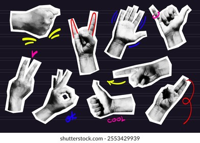 Trendy vintage collage conception with symbols set. Halftone collection with fist, hands show cool, open palm, peace, ok, thumb up, finger points direction in retro pop art style. Vector illustration.